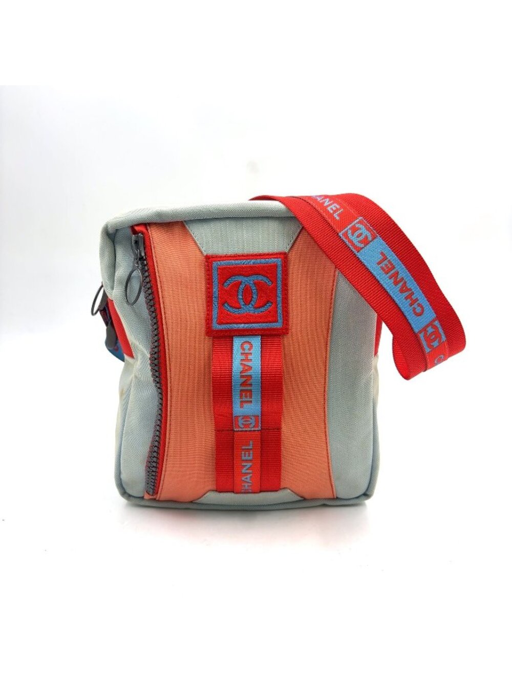 Chanel Sports Line CC Logo Canvas Nylon Light Blue Red Shoulder Bag Black